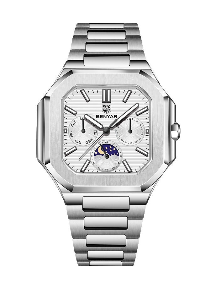 BENYAR Watches for Men Watch Luxury Stainless Steel Quartz Water Resistant Watch 5221SIWT - Image 1